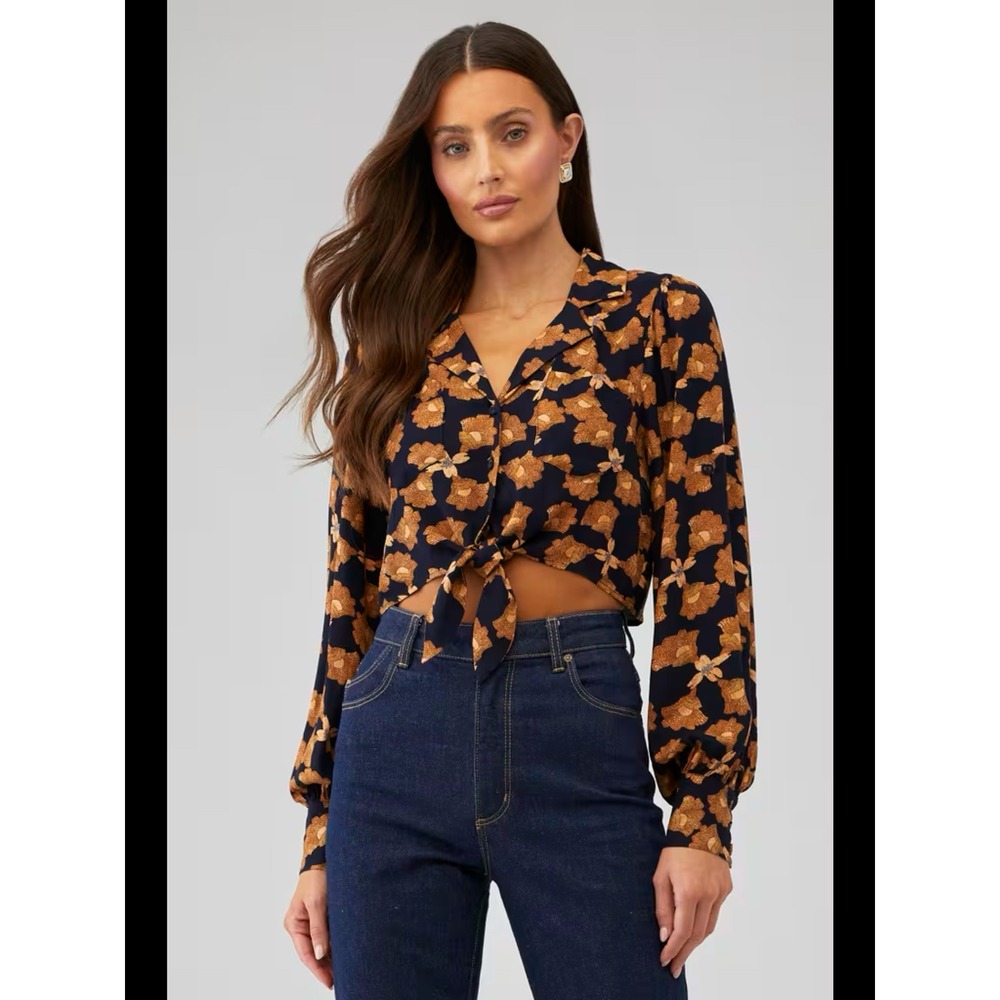 MINKPINK Navy Gold Floral Tie‎ Front Cropped Blouse Long Sleeve Small